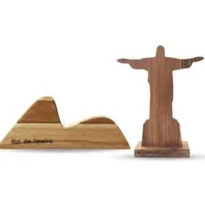 Enfeite Decoração Estátua Artesanal Cristo Redentor e Pão de Açucar em Madeira Teca