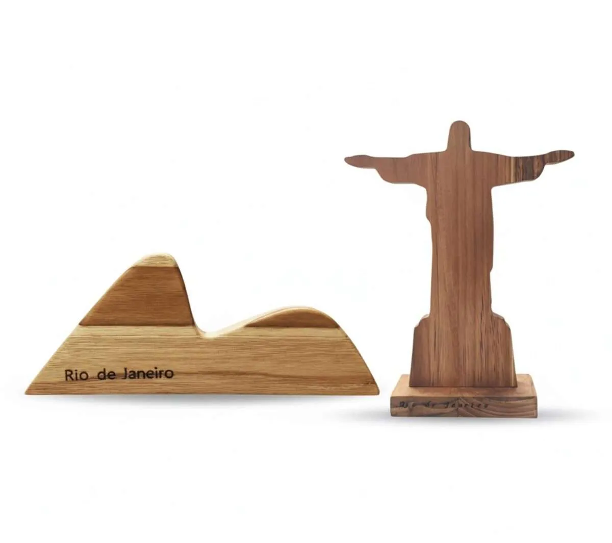 Enfeite Decoração Estátua Artesanal Cristo Redentor e Pão de Açucar em Madeira Teca
